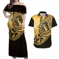 Philippines Eagle Sun Couples Matching Off Shoulder Maxi Dress and Hawaiian Shirt Filipino Agila Polynesian Tattoo Gold Color