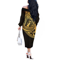 Philippines Eagle Sun Off The Shoulder Long Sleeve Dress Filipino Agila Polynesian Tattoo Gold Color