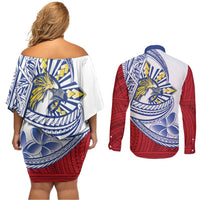 Philippines Eagle Sun Couples Matching Off Shoulder Short Dress and Long Sleeve Button Shirt Filipino Agila Polynesian Tattoo Flag Color