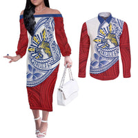 Philippines Eagle Sun Couples Matching Off The Shoulder Long Sleeve Dress and Long Sleeve Button Shirt Filipino Agila Polynesian Tattoo Flag Color