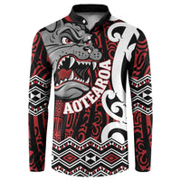 Personalised Aotearoa Bulldog Button Sweatshirt New Zealand Maori Taniko Art LT14 Red - Polynesian Pride