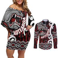 Personalised Aotearoa Bulldog Couples Matching Off Shoulder Short Dress and Long Sleeve Button Shirt New Zealand Maori Taniko Art