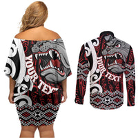 Personalised Aotearoa Bulldog Couples Matching Off Shoulder Short Dress and Long Sleeve Button Shirt New Zealand Maori Taniko Art