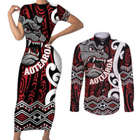 Personalised Aotearoa Bulldog Couples Matching Short Sleeve Bodycon Dress and Long Sleeve Button Shirt New Zealand Maori Taniko Art