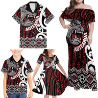 Personalised Aotearoa Bulldog Family Matching Off Shoulder Maxi Dress and Hawaiian Shirt New Zealand Maori Taniko Art