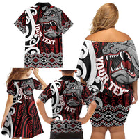 Personalised Aotearoa Bulldog Family Matching Off Shoulder Short Dress and Hawaiian Shirt New Zealand Maori Taniko Art
