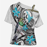 Aotearoa Te Ika-a-Maui Cross Shoulder Shirt South Island Kekeru Maori Koru LT14 Female White - Polynesian Pride