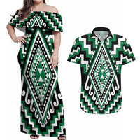 Green Aotearoa Taniko Poutama Patikitiki Couples Matching Off Shoulder Maxi Dress and Hawaiian Shirt