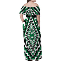 Green Aotearoa Taniko Poutama Patikitiki Family Matching Off Shoulder Maxi Dress and Hawaiian Shirt