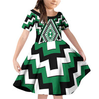Green Aotearoa Taniko Poutama Patikitiki Family Matching Off Shoulder Short Dress and Hawaiian Shirt