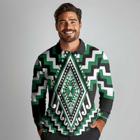 Green Aotearoa Taniko Poutama Patikitiki Long Sleeve Polo Shirt