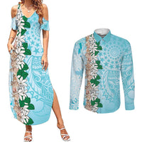 Cook Islands Tiare Maori With Conch Shell Couples Matching Summer Maxi Dress and Long Sleeve Button Shirt Pasifika Fest Polynesian Tattoo Turquoise