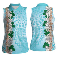 Cook Islands Tiare Maori With Conch Shell Women Sleeveless Polo Shirt Pasifika Fest Polynesian Tattoo Turquoise