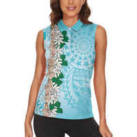 Cook Islands Tiare Maori With Conch Shell Women Sleeveless Polo Shirt Pasifika Fest Polynesian Tattoo Turquoise