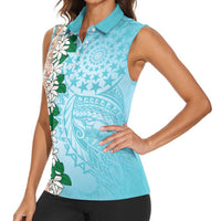 Cook Islands Tiare Maori With Conch Shell Women Sleeveless Polo Shirt Pasifika Fest Polynesian Tattoo Turquoise
