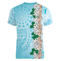 Cook Islands Tiare Maori With Conch Shell Women V-Neck T-Shirt Pasifika Fest Polynesian Tattoo Turquoise