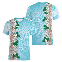 Cook Islands Tiare Maori With Conch Shell Women V-Neck T-Shirt Pasifika Fest Polynesian Tattoo Turquoise
