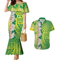 Cook Islands Tiare Maori With Conch Shell Couples Matching Mermaid Dress and Hawaiian Shirt Pasifika Fest Polynesian Tattoo Green