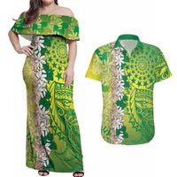 Cook Islands Tiare Maori With Conch Shell Couples Matching Off Shoulder Maxi Dress and Hawaiian Shirt Pasifika Fest Polynesian Tattoo Green