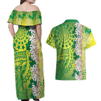 Cook Islands Tiare Maori With Conch Shell Couples Matching Off Shoulder Maxi Dress and Hawaiian Shirt Pasifika Fest Polynesian Tattoo Green