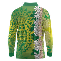 Cook Islands Tiare Maori With Conch Shell Long Sleeve Polo Shirt Pasifika Fest Polynesian Tattoo Green