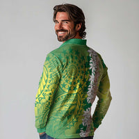 Cook Islands Tiare Maori With Conch Shell Long Sleeve Polo Shirt Pasifika Fest Polynesian Tattoo Green