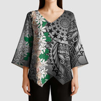 Cook Islands Tiare Maori With Conch Shell Kimono Sleeve Blouse Pasifika Fest Polynesian Tattoo Black LT14 - Polynesian Pride