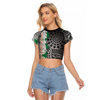 Cook Islands Tiare Maori With Conch Shell Raglan Cropped T Shirt Pasifika Fest Polynesian Tattoo Black