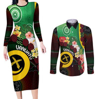 Long God Yumi Stanap Vanuatu Couples Matching Long Sleeve Bodycon Dress and Long Sleeve Button Shirt Tropical Flowers Aboriginal Pattern