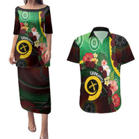 Long God Yumi Stanap Vanuatu Couples Matching Puletasi and Hawaiian Shirt Tropical Flowers Aboriginal Pattern