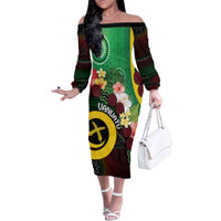 Long God Yumi Stanap Vanuatu Family Matching Off The Shoulder Long Sleeve Dress and Hawaiian Shirt Tropical Flowers Aboriginal Pattern