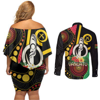 Tamtam Drum Vanuatu Couples Matching Off Shoulder Short Dress and Long Sleeve Button Shirt Boar Tusk Aboriginal Flag Style