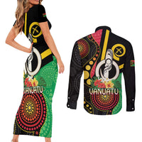Tamtam Drum Vanuatu Couples Matching Short Sleeve Bodycon Dress and Long Sleeve Button Shirt Boar Tusk Aboriginal Flag Style