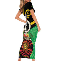 Tamtam Drum Vanuatu Family Matching Short Sleeve Bodycon Dress and Hawaiian Shirt Boar Tusk Aboriginal Flag Style
