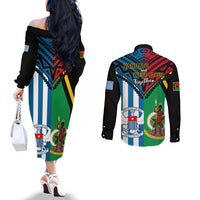 Vanuatu And West Papua Couples Matching Off The Shoulder Long Sleeve Dress and Long Sleeve Button Shirts Coat Of Arms Mix Flag Style LT14 - Polynesian Pride