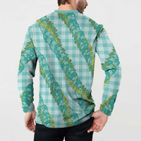 Hawaii Jade Vine Lei Button Sweatshirt Aloha Palaka Motif - Turquoise - Polynesian Pride