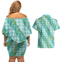 Hawaii Jade Vine Lei Couples Matching Off Shoulder Short Dress and Hawaiian Shirt Aloha Palaka Motif - Turquoise - Polynesian Pride