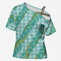 Hawaii Jade Vine Lei Cross Shoulder Shirt Aloha Palaka Motif - Turquoise - Polynesian Pride