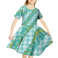 Hawaii Jade Vine Lei Kid Short Sleeve Dress Aloha Palaka Motif - Turquoise - Polynesian Pride
