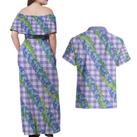 Hawaii Jade Vine Lei Couples Matching Off Shoulder Maxi Dress and Hawaiian Shirt Aloha Palaka Motif - Purple - Polynesian Pride
