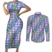 Hawaii Jade Vine Lei Couples Matching Short Sleeve Bodycon Dress and Long Sleeve Button Shirt Aloha Palaka Motif - Purple - Polynesian Pride