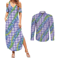 Hawaii Jade Vine Lei Couples Matching Summer Maxi Dress and Long Sleeve Button Shirt Aloha Palaka Motif - Purple - Polynesian Pride