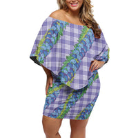 Hawaii Jade Vine Lei Off Shoulder Short Dress Aloha Palaka Motif - Purple - Polynesian Pride