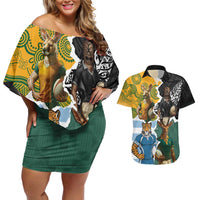 Personalised Rugby 2025 Championship Couples Matching Off Shoulder Short Dress and Hawaiian Shirt Southern Hemisphere Countries Mascots - Polynesian Pride