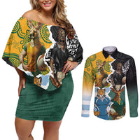 Personalised Rugby 2025 Championship Couples Matching Off Shoulder Short Dress and Long Sleeve Button Shirt Southern Hemisphere Countries Mascots - Polynesian Pride