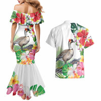 Aloha Hawaii Nene Goose Couples Matching Mermaid Dress and Hawaiian Shirt Tropical Flowers Watercolor Stylized - Polynesian Pride