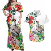 Aloha Hawaii Nene Goose Couples Matching Off Shoulder Maxi Dress and Hawaiian Shirt Tropical Flowers Watercolor Stylized - Polynesian Pride