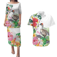 Aloha Hawaii Nene Goose Couples Matching Puletasi and Hawaiian Shirt Tropical Flowers Watercolor Stylized - Polynesian Pride