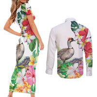 Aloha Hawaii Nene Goose Couples Matching Short Sleeve Bodycon Dress and Long Sleeve Button Shirt Tropical Flowers Watercolor Stylized - Polynesian Pride