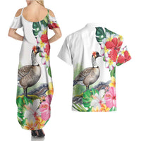 Aloha Hawaii Nene Goose Couples Matching Summer Maxi Dress and Hawaiian Shirt Tropical Flowers Watercolor Stylized - Polynesian Pride